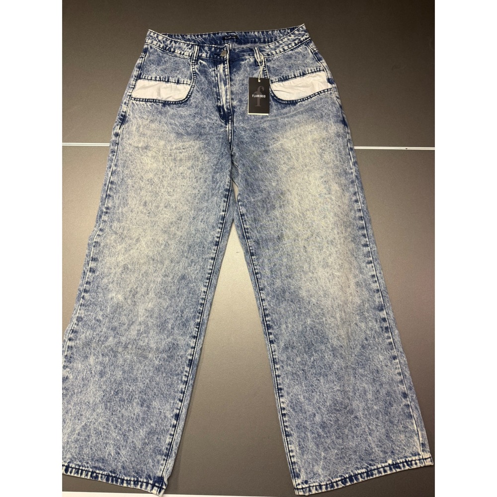 Flamingo Women Acid Wash Wide Leg Jeans High Waisted Blue Size L NWT 242025 PSA